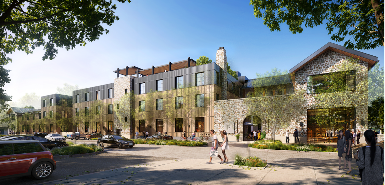 Render of a modern multi-story building with a stone facade, surrounded by trees and a parking lot, with people walking and cars parked.  The Barlow Hotel.

