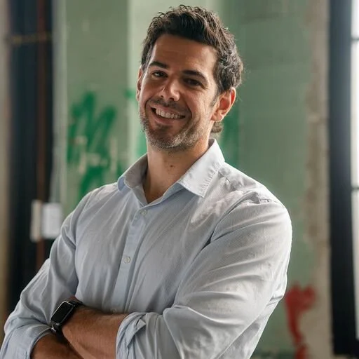 A smiling man with dark curly hair and a beard, wearing a white button-up shirt and a black watch, standing with arms crossed in an indoor setting.