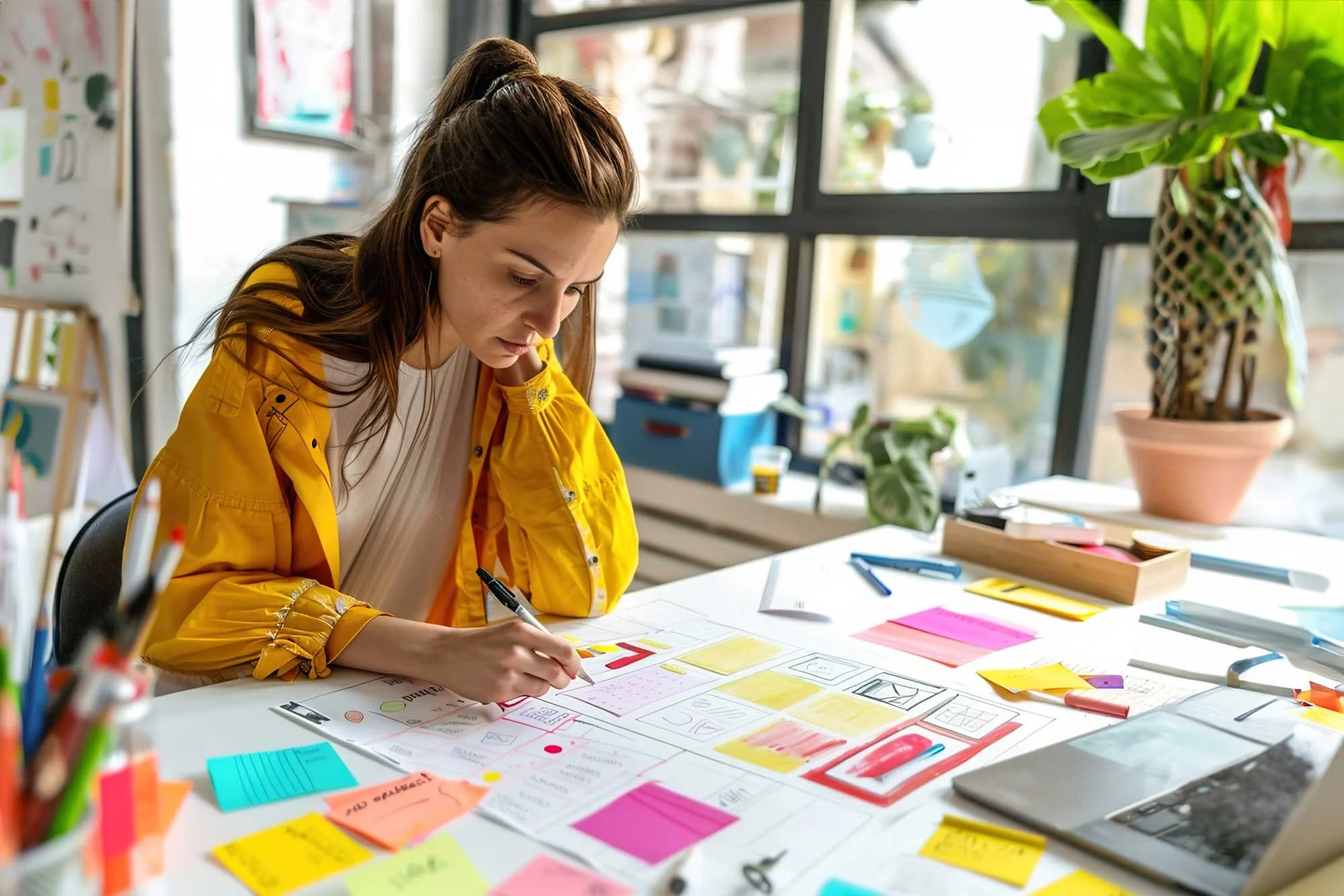 Young woman in a yellow jacket working on colorful sketches and notes on a desk in a bright, modern office with large windows and indoor plants.
