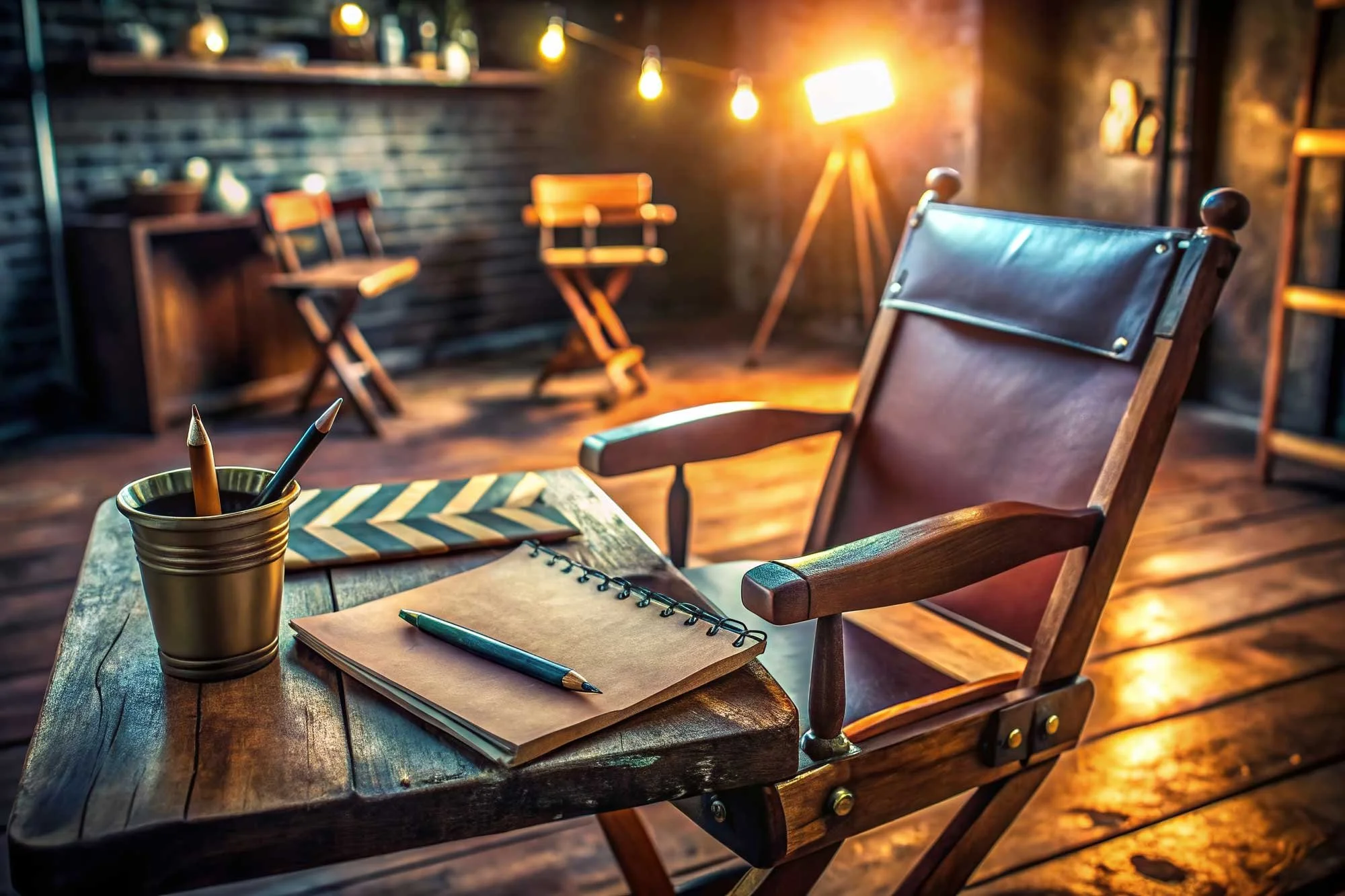 A cozy, warmly lit room with a wooden desk and a leather-upholstered armchair in the foreground. On the desk, there is a brown notebook with a pen, a folder with a chevron pattern, and a cup holding pens or pencils. In the background, there are two folding chairs, a small desk, and a tripod floor lamp casting a warm glow. The room has dark wooden floors and walls with a rustic feel.