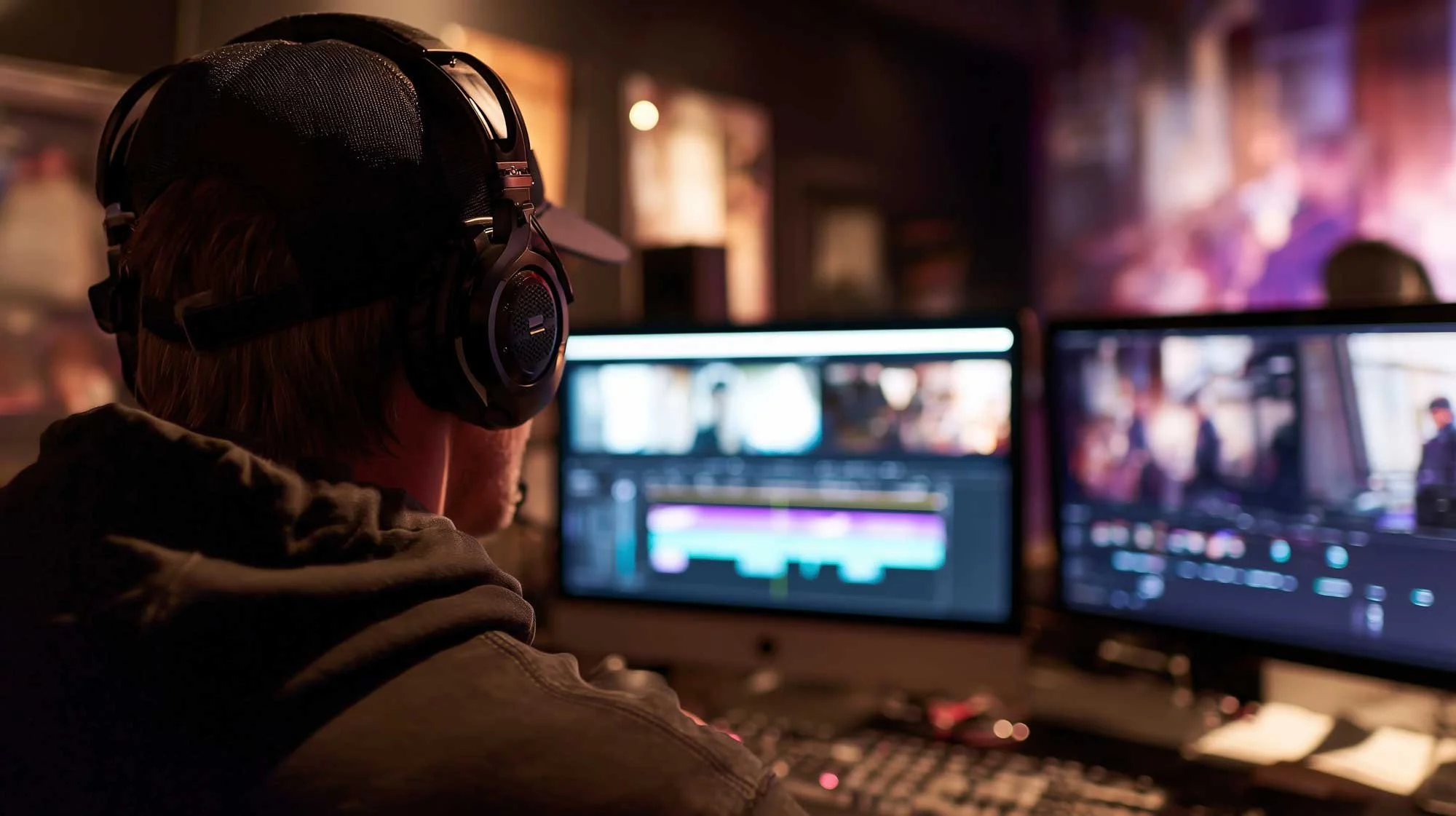 Person wearing headphones working on video editing on a computer with multiple monitors in a dimly lit room.