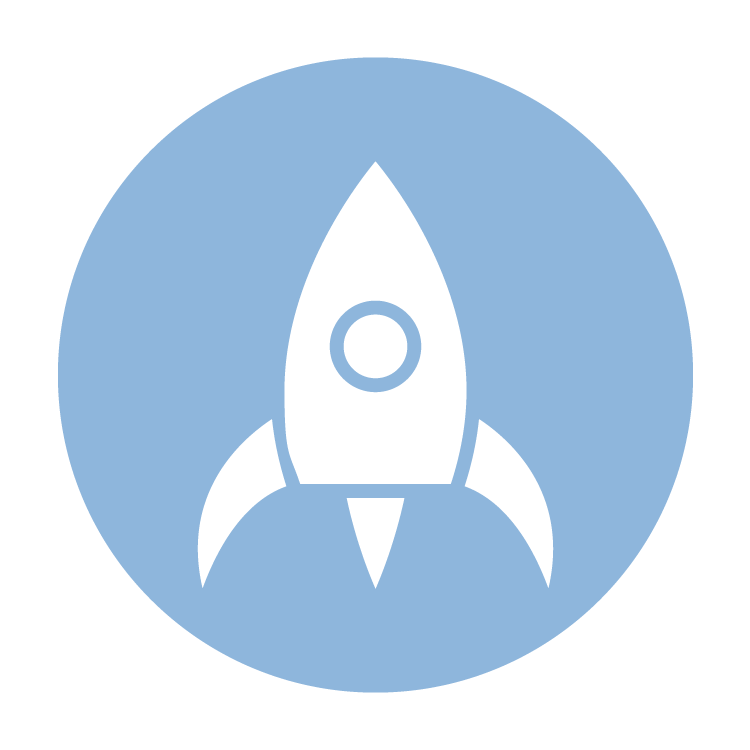 Icon of a rocket ship in white on a blue circular background.