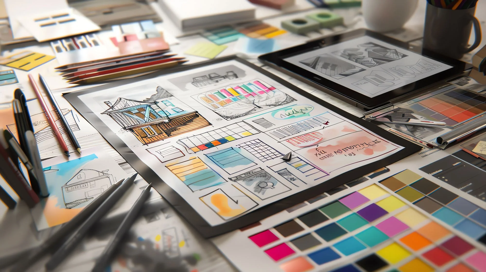 A detailed creative workspace with sketches, color swatches, digital tablets, and drawing tools for house design. The workspace features a central hand-drawn house plan with colorful sections, surrounded by various colored pencils, markers, and boards with swatches.