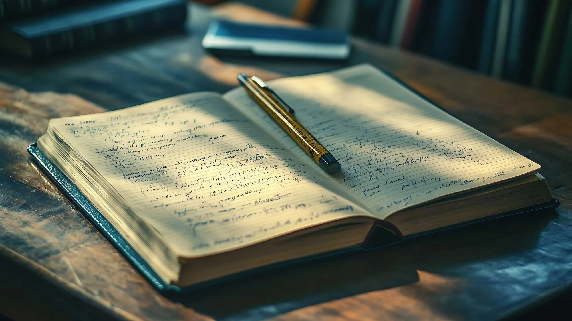 An open notebook with handwritten notes and a gold pen resting on its pages, on a wooden desk with a shadow of a window in the background.