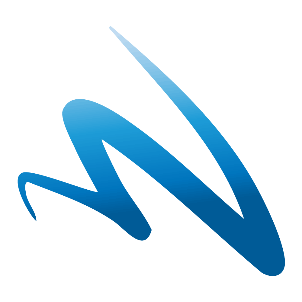 Stylized blue abstract logo design with a swooping curve and sharp angles on a black background.