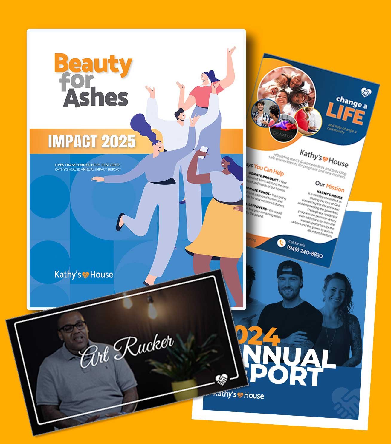 Collection of four colorful brochures and cards for charitable organizations and annual reports on a yellow background. Includes a graphic of children and women, a photo of a man with glasses, and a group of smiling people.