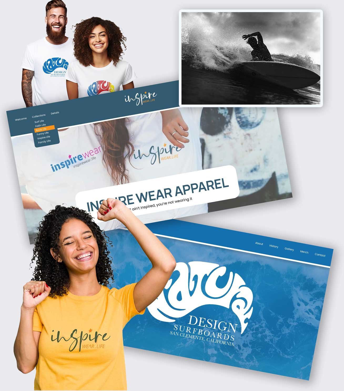 A collage of images including two smiling people wearing Inspirewear apparel, a woman surfing in black and white, and a woman in a yellow Inspirewear shirt showing strength. The collage features Inspirewear's website mockup and logo.