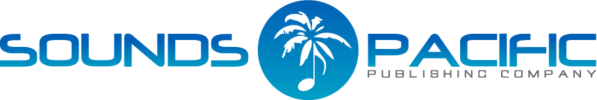 Logo for Sounds Pacific Publishing Company featuring a blue circle with a white palm tree, and the company name in blue text.