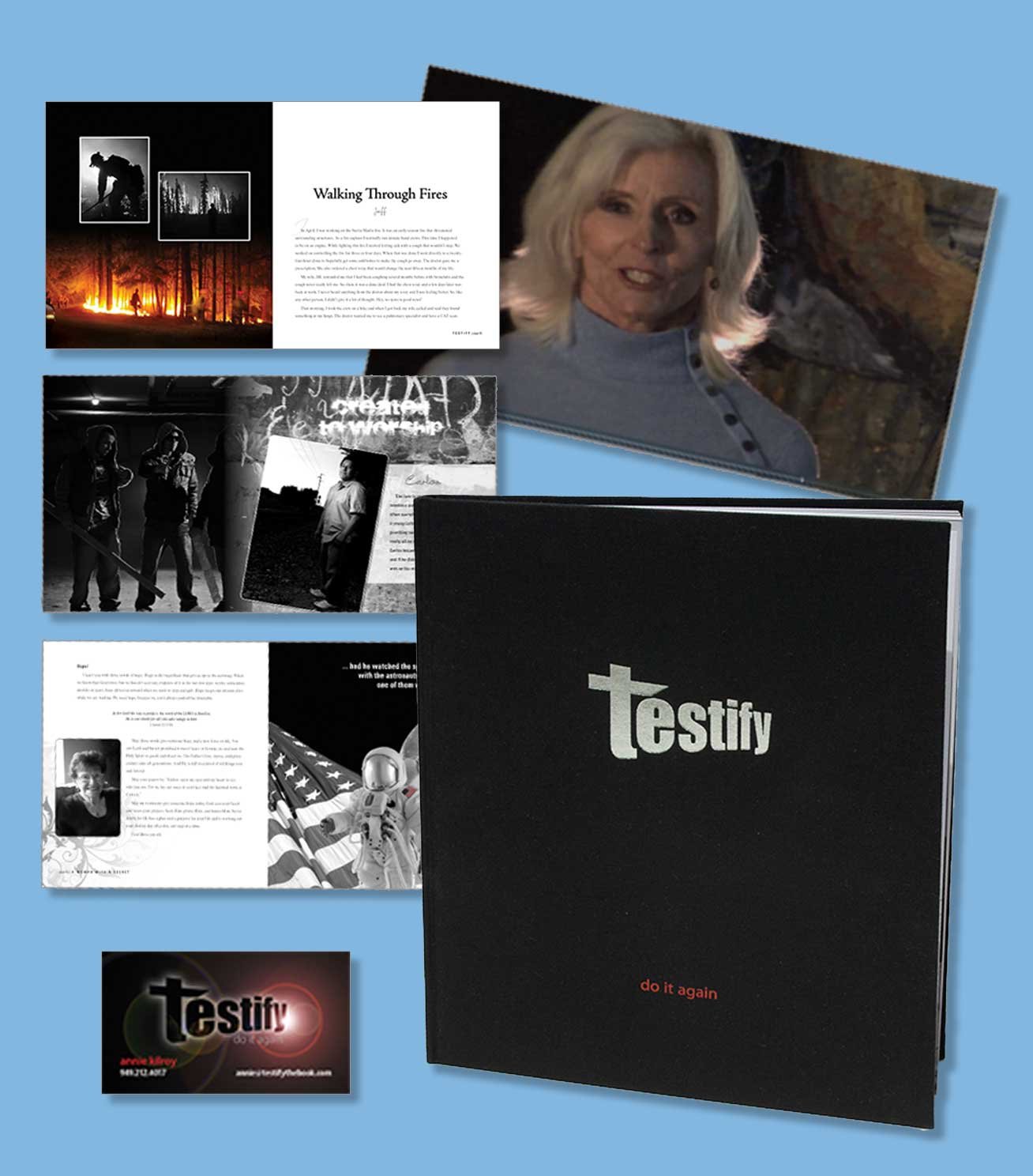 A collection of printed materials, a commercial photo, a woman with blonde hair, and a black book with the word 'testify' on it, set against a blue background.