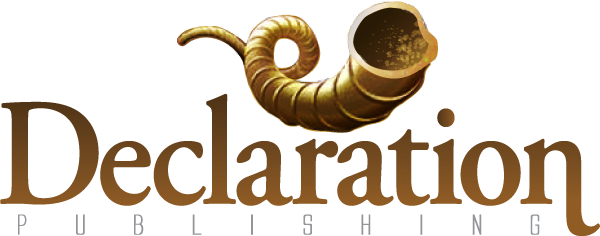 A logo with a shofar theme, featuring a brass-colored, curved ram horn with a dark opening, and stylized text that reads 'Declaration.'