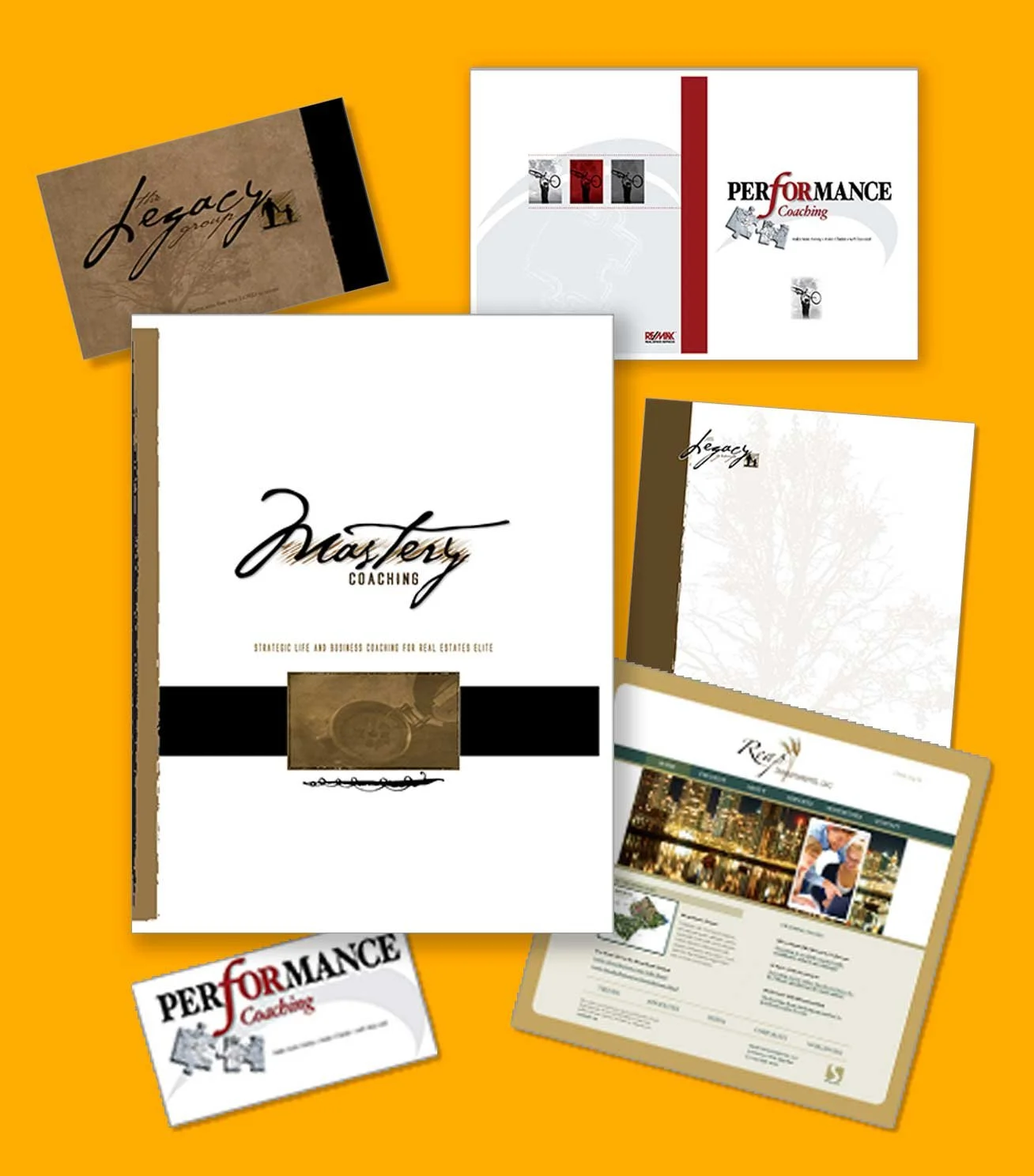 Collection of marketing materials including brochures, flyers, and cards for coaching services, featuring the words "Mastery Coaching," "Legacy," and "Performance Coaching," arranged on a bright orange background.