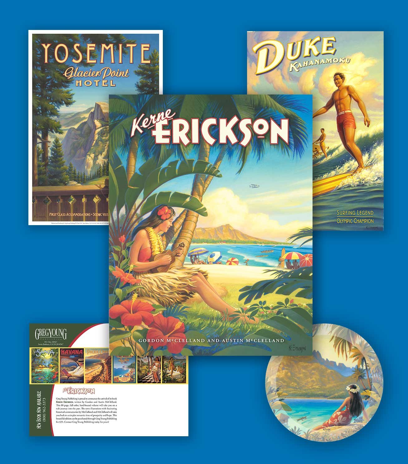 Collection of promotional materials for books and media related to the Pacific Islands, featuring colorful illustrations of beaches, tropical scenery, and a woman in a flower lei on the beach.