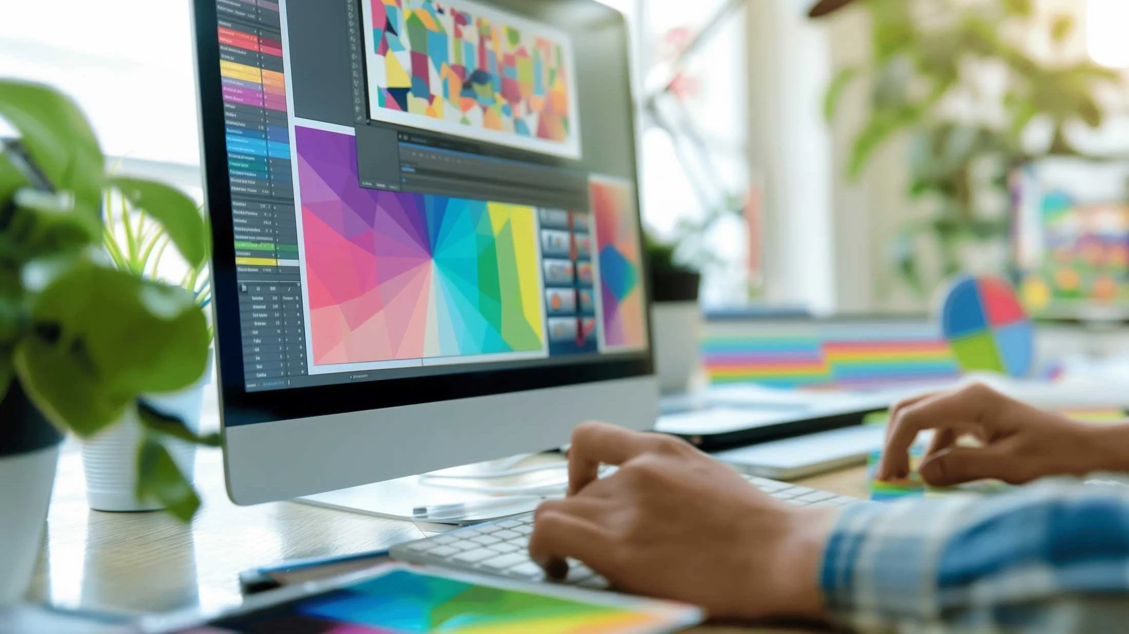 A person working on a computer with color graphics and design software open, surrounded by color palettes and potted plants.