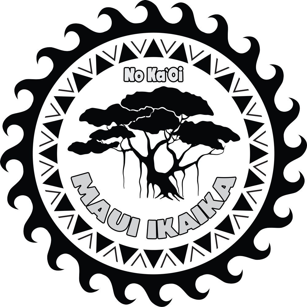 A black and white illustration featuring a large tree in the center with the words "No Kaoi" above it and "Mauli Ikaika" below, surrounded by a circular tribal pattern.