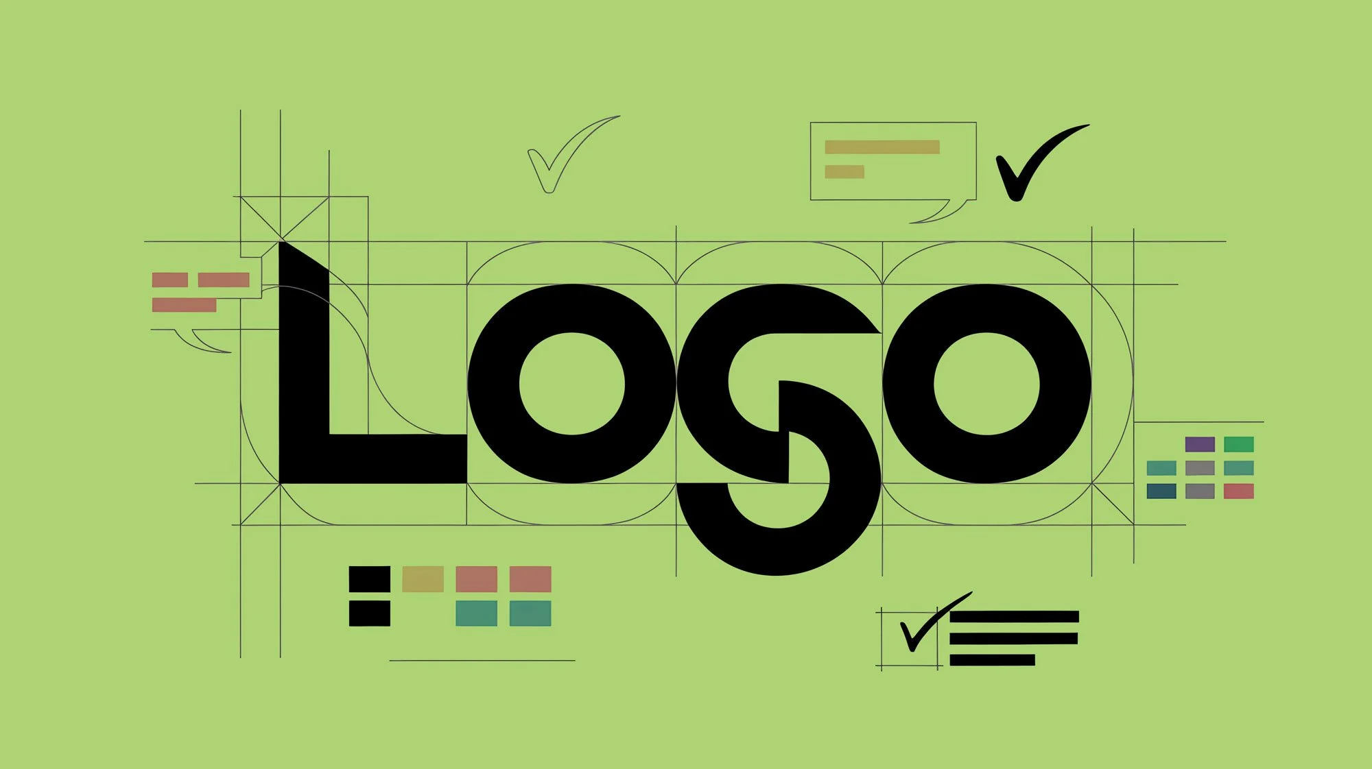 Design sketch of the word 'LOGO' with construction lines, color palettes, and check marks on a green background.