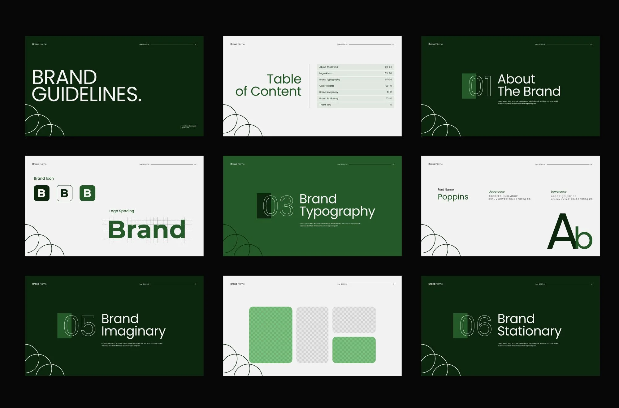 A presentation slideshow comprising nine slides about brand guidelines. Slides include titles such as 'Brand Guidelines,' 'Table of Content,' 'About The Brand,' 'Brand Icon,' 'Brand Typography,' 'Brand Imaginary,' and 'Brand Stationery,' with a consistent green and white color theme.