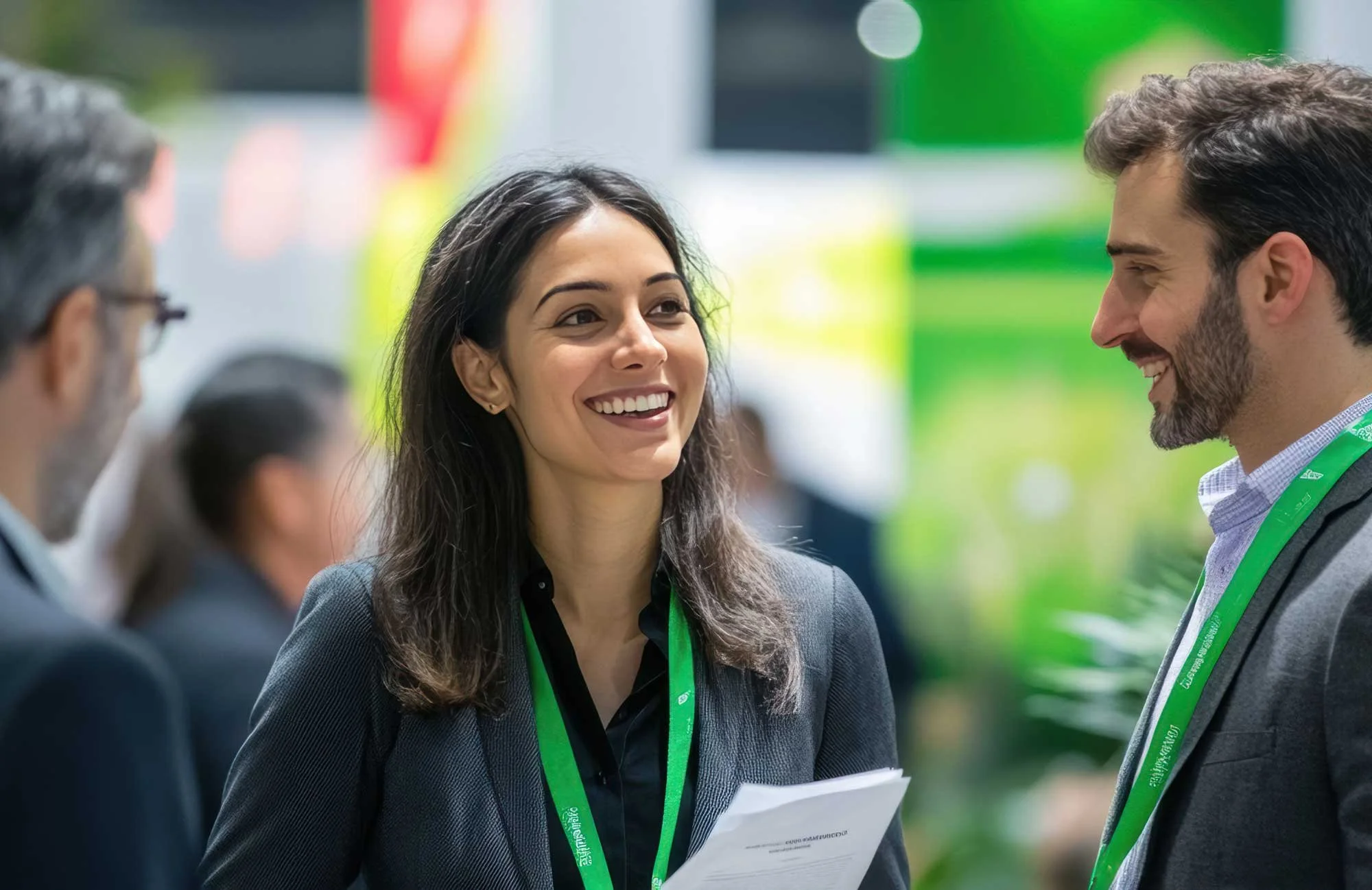 Business professionals engaging in a conversation at an event with green lanyards, in a bright indoor setting.