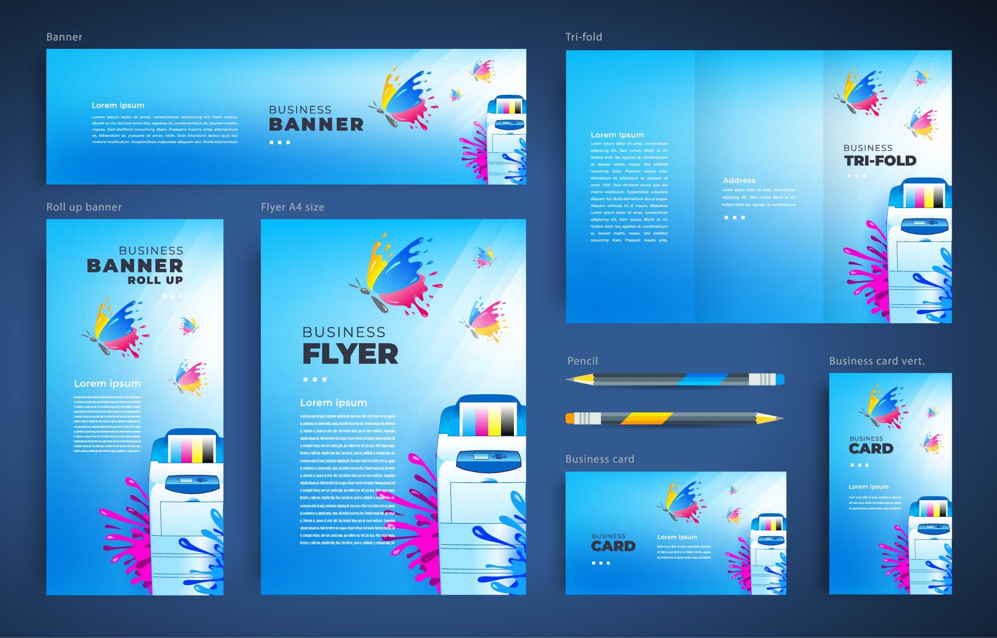 Collection of colorful business promotional materials including banners, flyers, tri-fold brochures, a business card, a pencil, and a printer, all featuring a vibrant butterfly and splash design on a blue background.