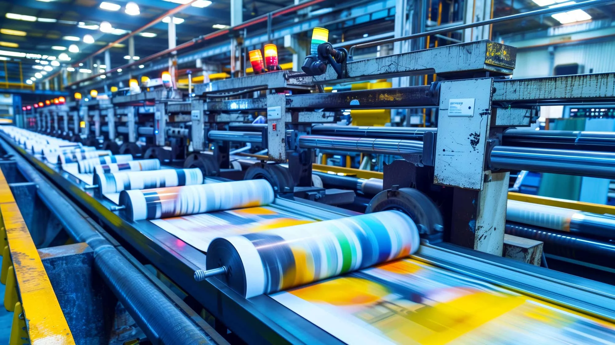 Industrial printing machine producing colorful paper rolls in a factory