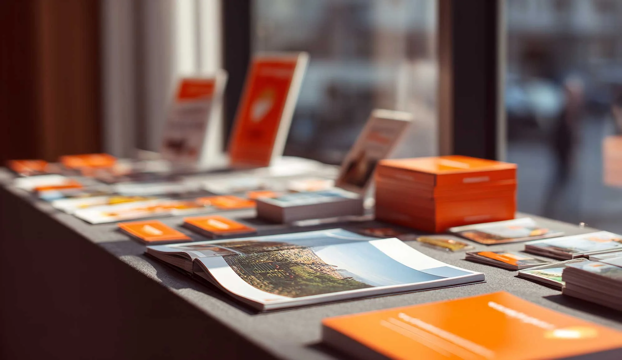 Table with travel brochures, maps, and informational materials, with sunlight streaming through a window in the background.
