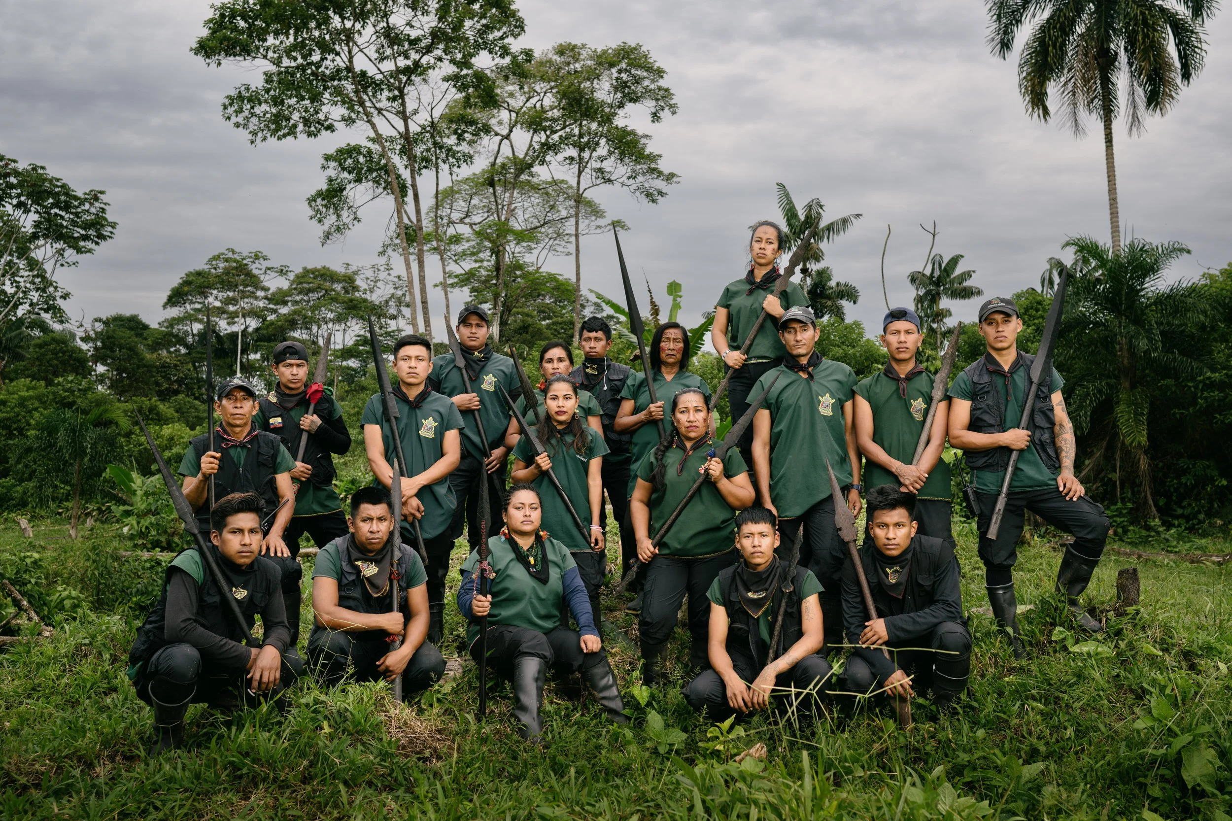 In the Cofán community of Sinangoe, village rangers pose with the spears that are formal symbols of their office.