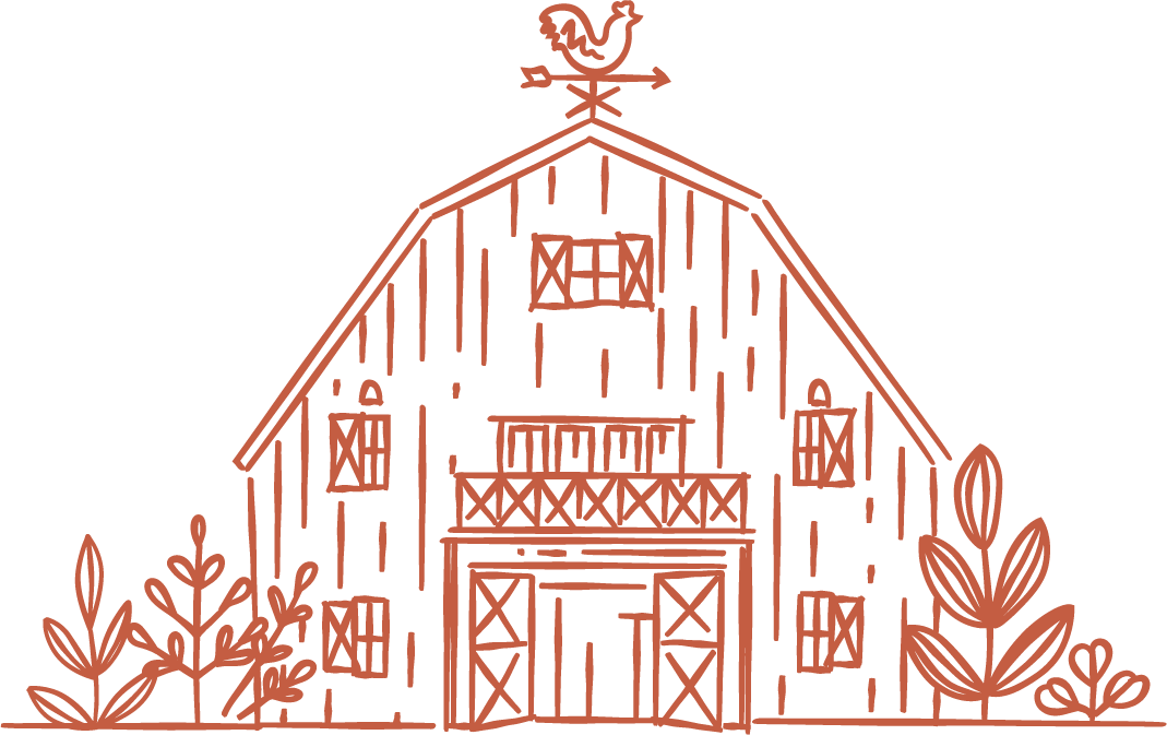 Line drawing of a large barn with an arrow and weather vane on top, surrounded by plants.