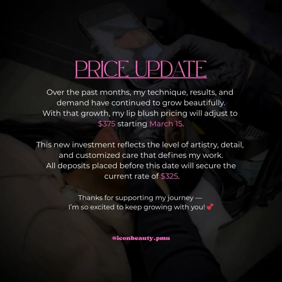 Evolving in every way✨

Updated lip blush pricing begins March 15.
$325 remains available for deposits placed before the change.

📲Send a message for any lip blush questions or for a free consultation!

💋info@iconbeautypmu.com
 www.iconbeautypmu.co