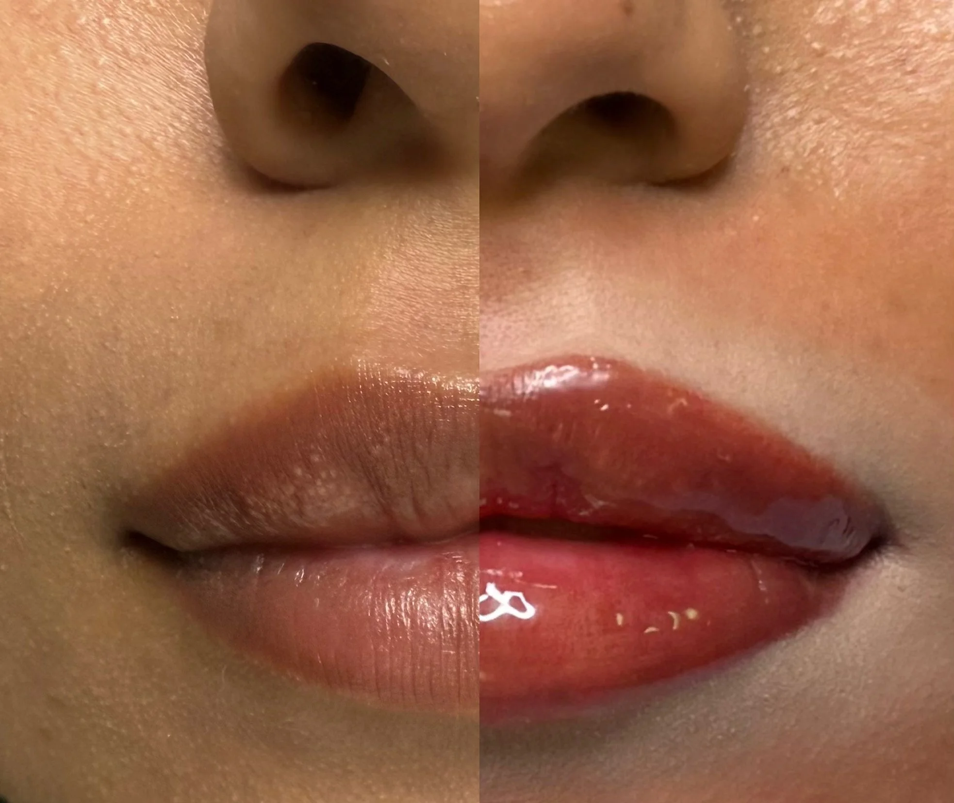 Close-up of a woman's face showing her nose and lips, with a split view of her lips before and after applying shiny lipstick.