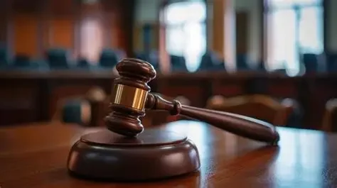 A judge's gavel resting on a sound block in a courtroom.