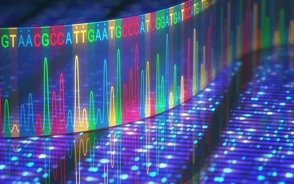 Futuristic digital display showing DNA sequence and colorful neural activity patterns on a screen.