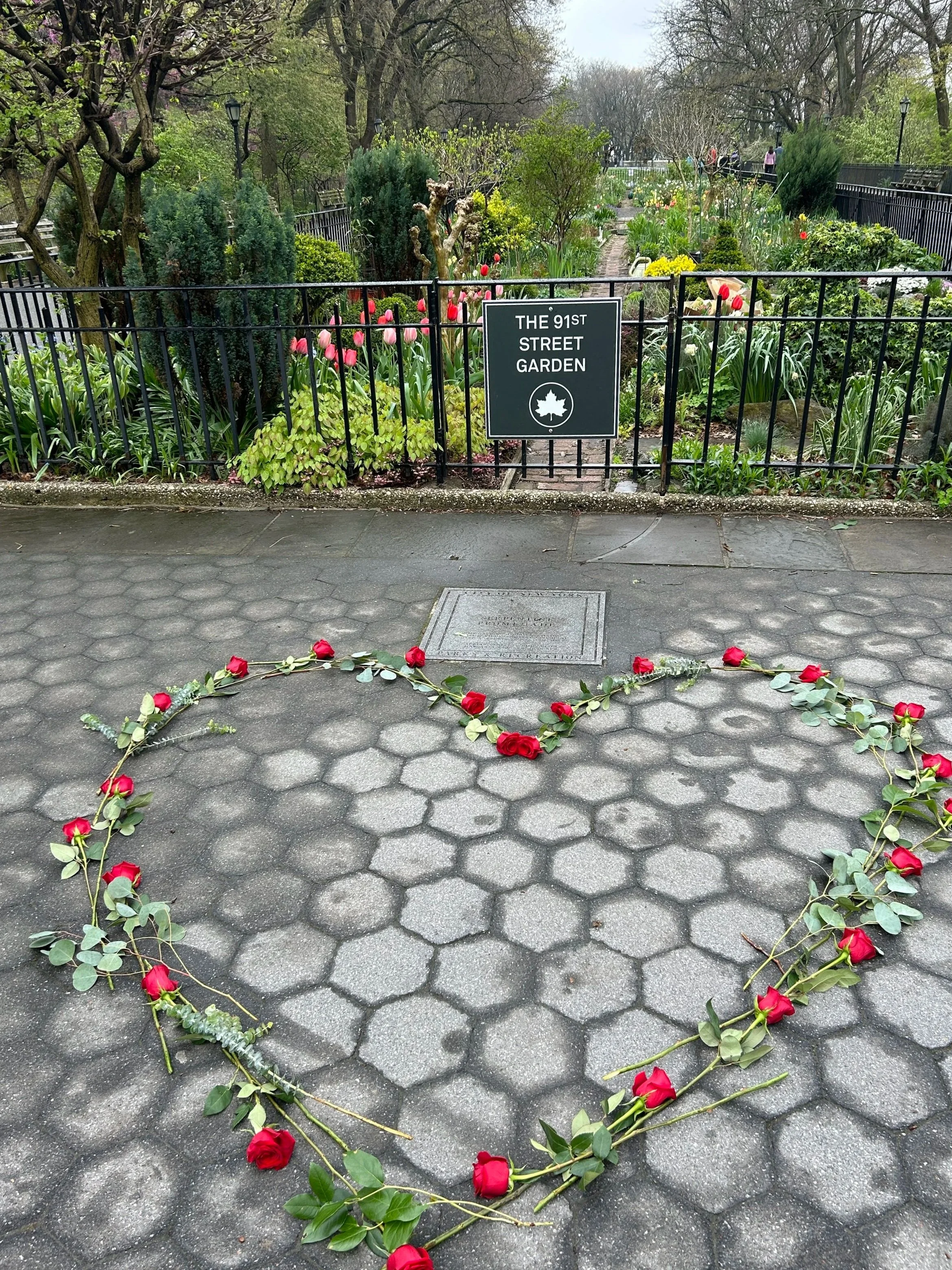 A heart shape made of red roses and green foliage on a paved sidewalk in front of a garden with a sign that reads 'The 91st Street Garden'.