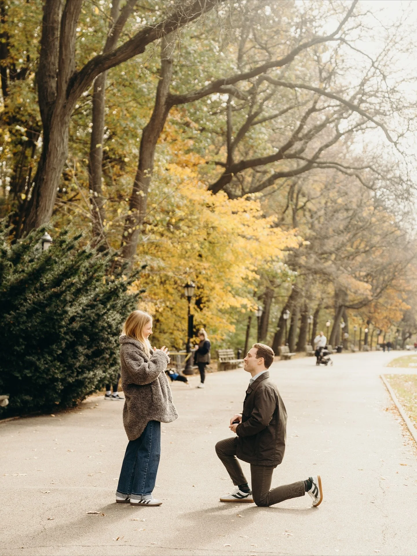 A man kneeling on one knee holding a small box, proposing marriage to a woman in a park during autumn, with trees showing fall colors and other people walking or sitting on benches in the background.
