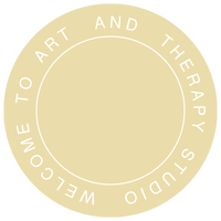 A circular beige logo with the text 'WELCOME TO ART AND THERAPY STUDIO' around the perimeter.