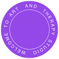 Purple circular logo with white text reading 'Welcome to Art and Therapy Studio' around the edge.