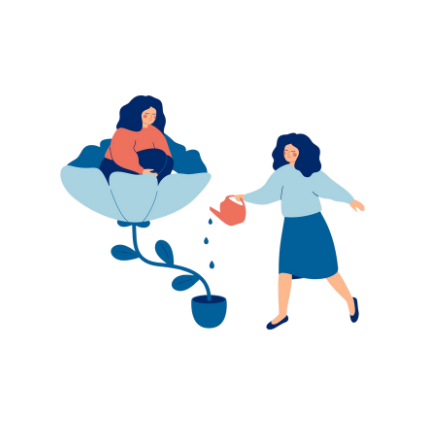 Illustration of two women exchanging a hand for a handshake while sitting on a couch, with one woman holding a bowl.