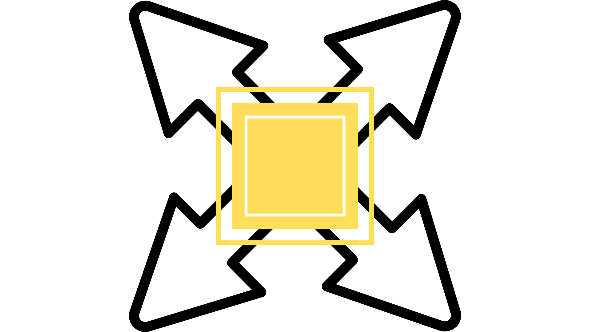 Black outlined lightning bolts surrounding yellow squares on a white background.