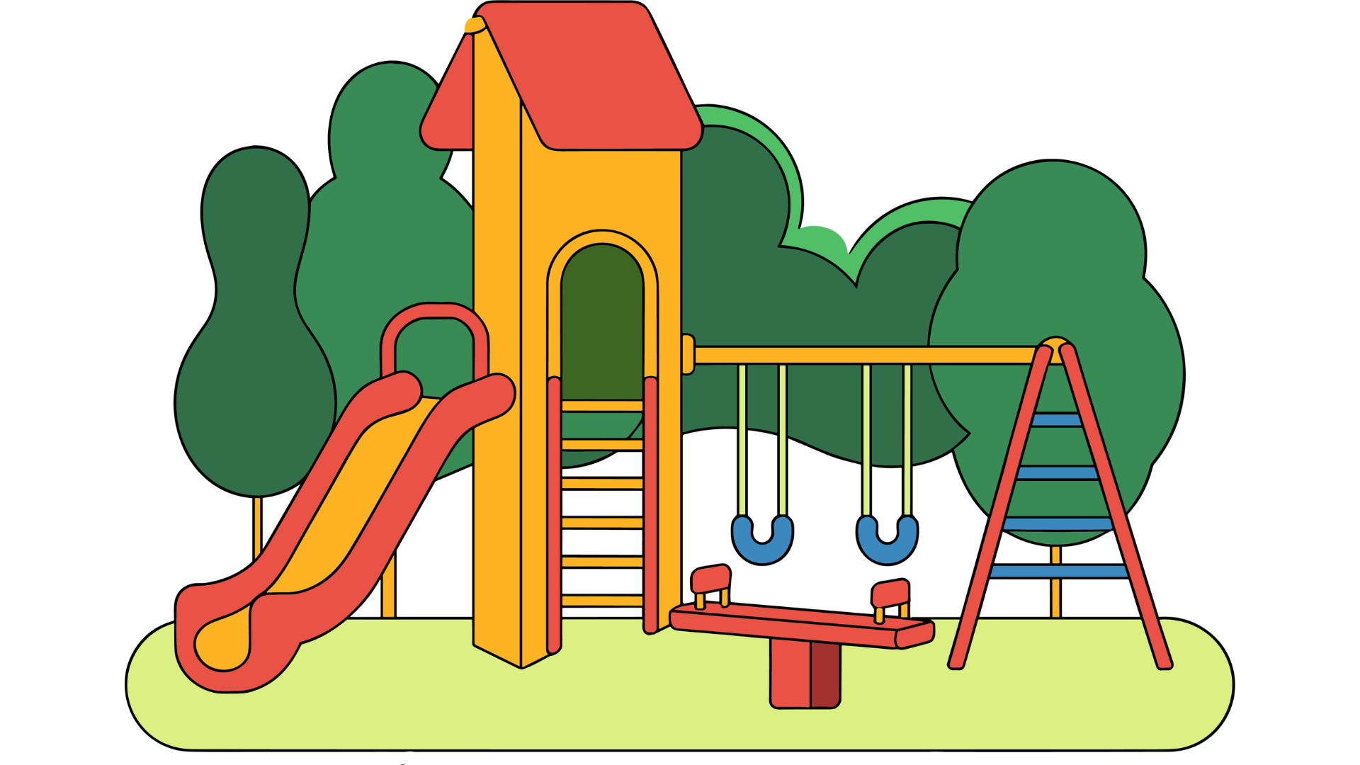 A colorful children's playground with a slide, swings, and climbing structures, surrounded by green trees.