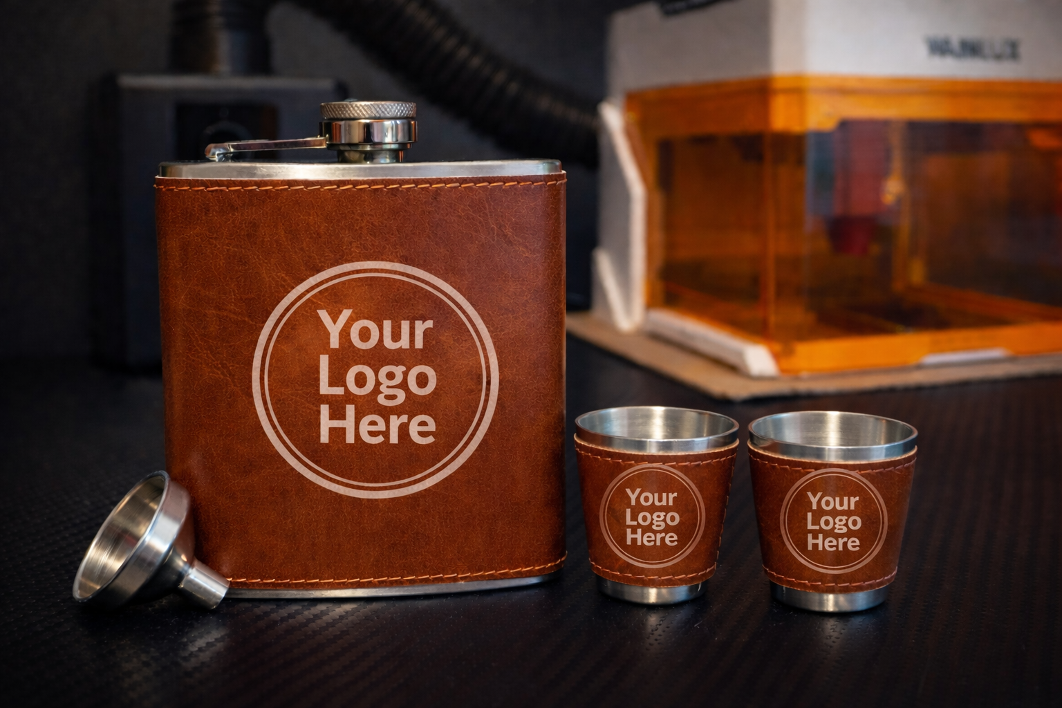 Custom Engraved 7oz Leather Flask Set with 2 Shot Glasses