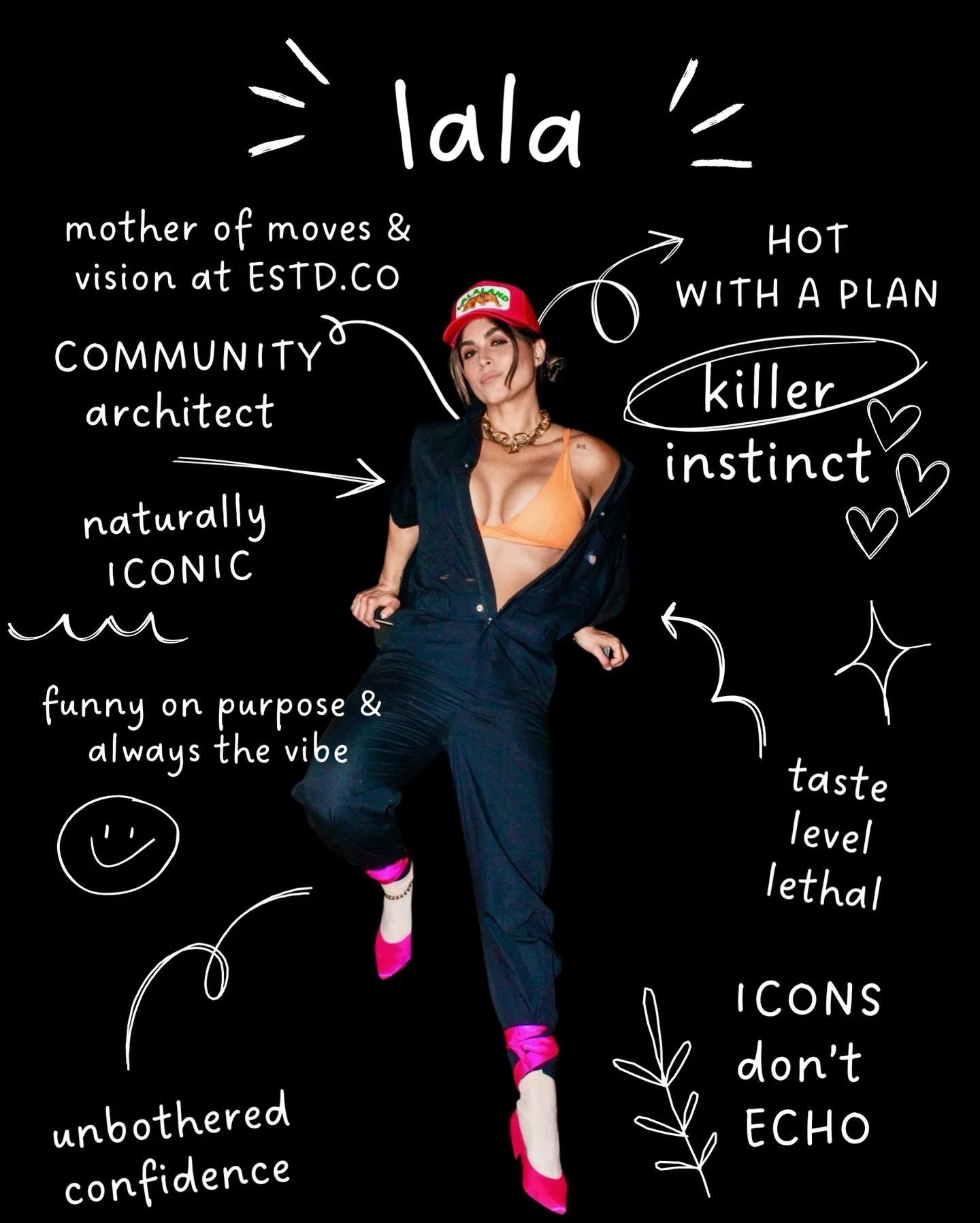 Meet Lala.
Mother of the move. Keeper of the vision.
Community architect by instinct, not by accident.

Hot with a plan.
Funny on purpose.
Taste level: lethal.

She sees the whole board, moves first, and makes it look effortless.
Unbothered confidenc