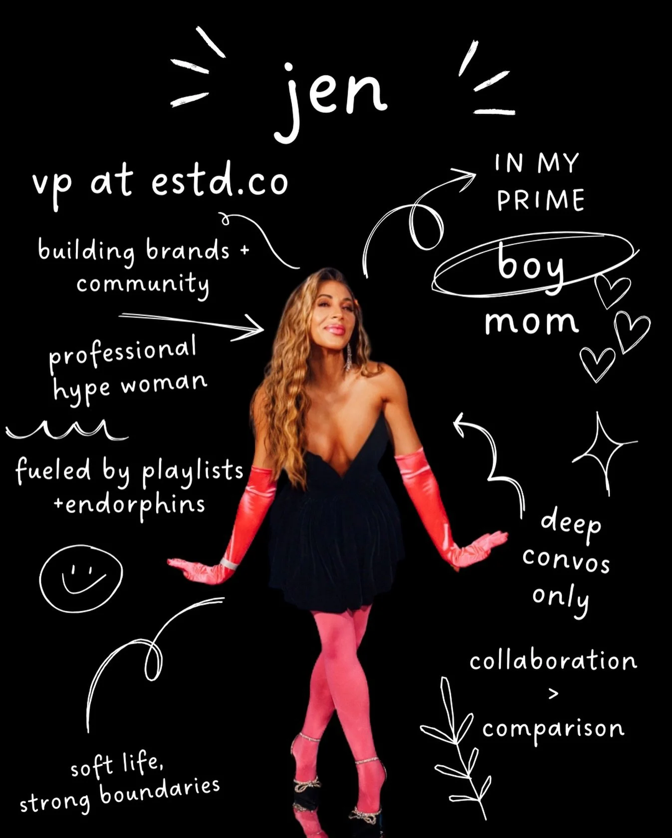 Meet Jen.
AKA Spice.
VP at ESTD.CO and professional hype woman by trade.

Building brands, building community, building the life.
In my prime. Boy mom forever.

Fueled by playlists, endorphins, and a little audacity.
Soft life, strong boundaries. Dee