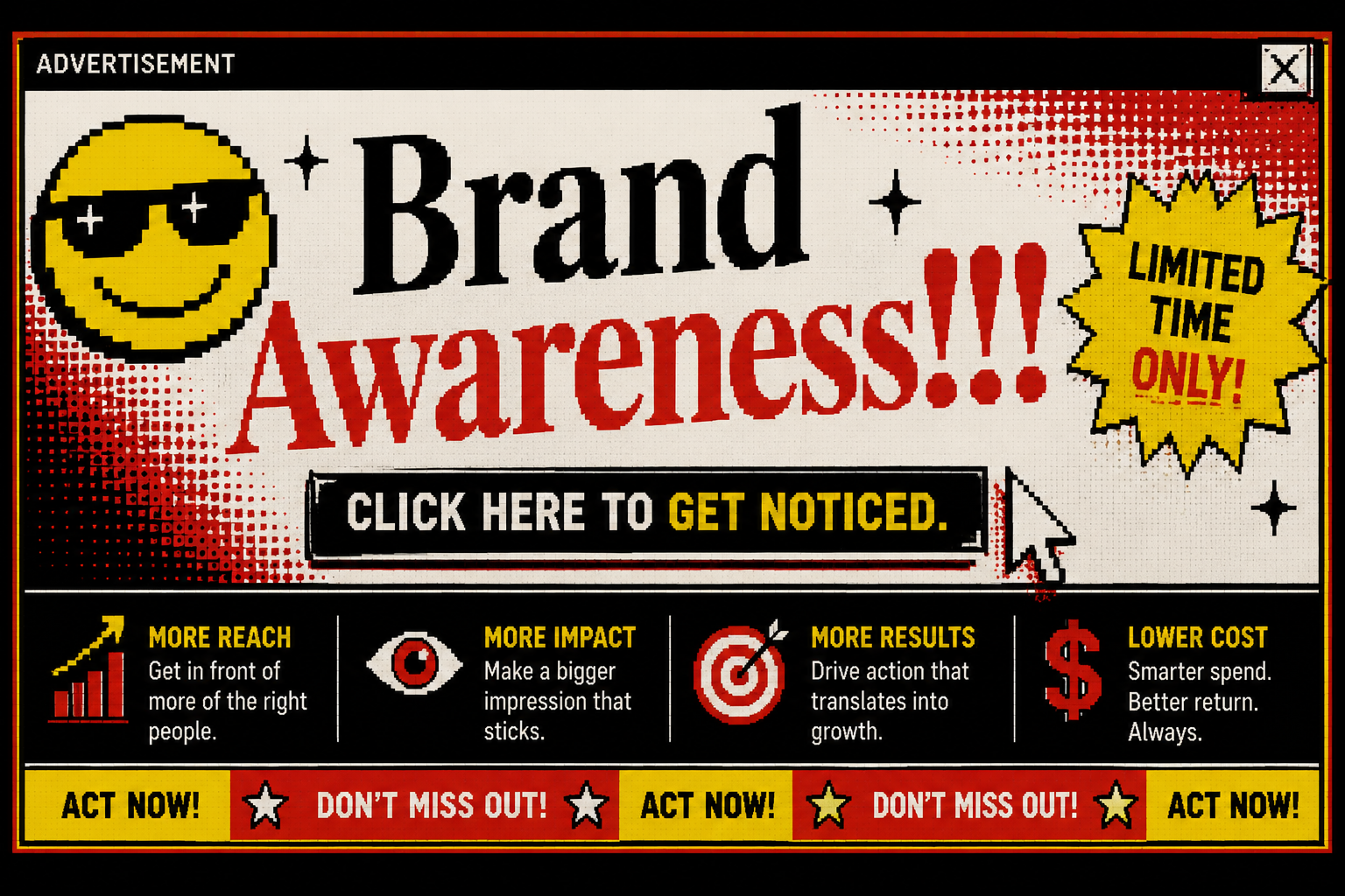 View Client Productions: retro banner ad graphic.