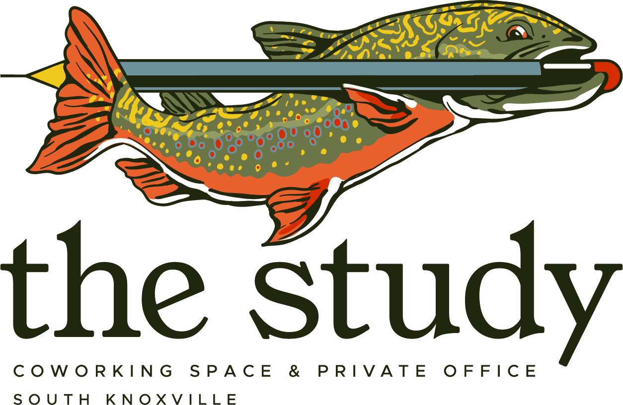 Logo for The Study Coworking Space and Private Office in South Knoxville, featuring a fishing lure with a fish attached.