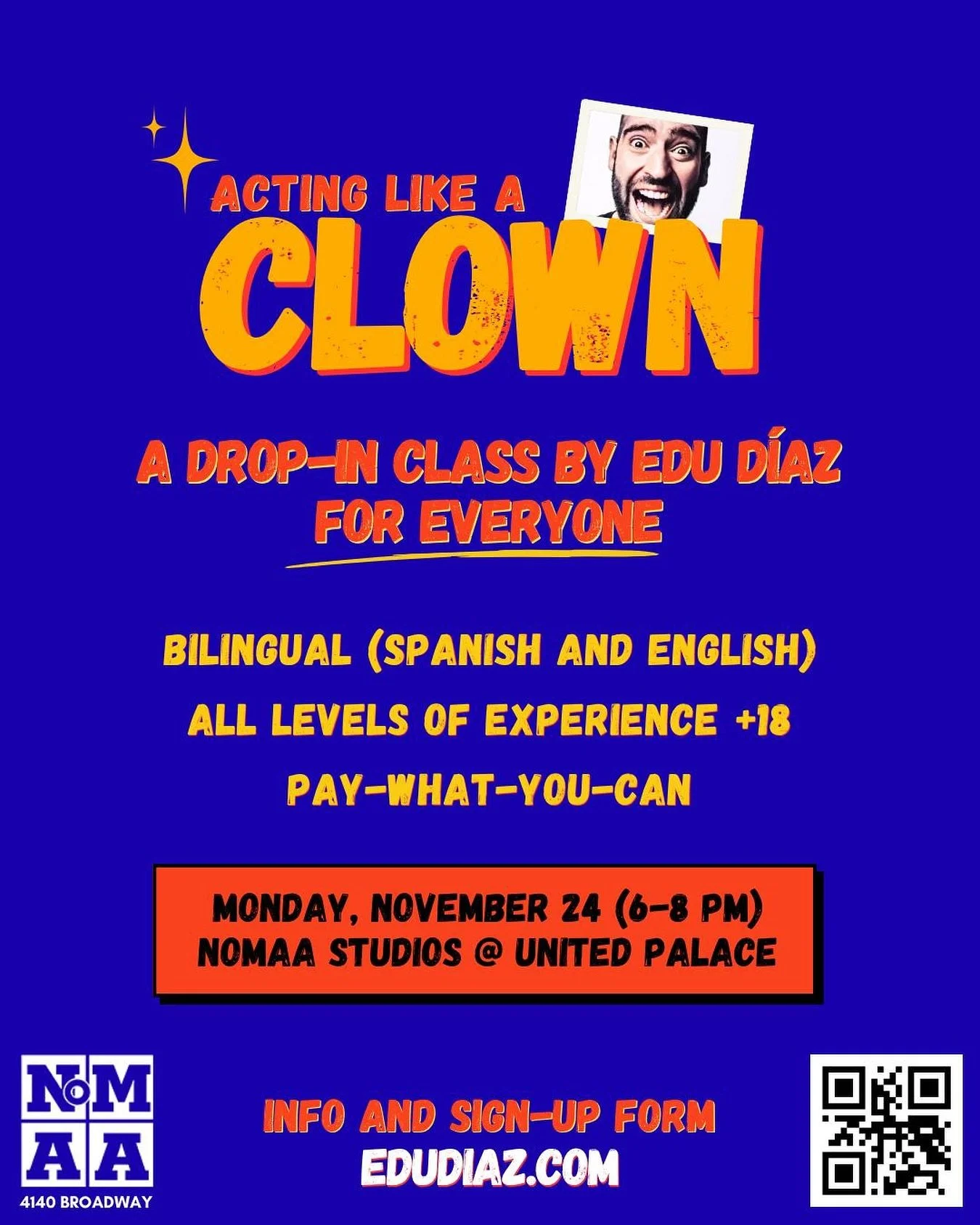 Excited to present an uptown CLOWN workshop for EVERYONE to celebrate the City&rsquo;s new vibes / Feliz de presentar este taller de CLOWN uptown para TODO EL MUNDO para celebrar las nuevas vibras de la Ciudad:

✨ Pay-What-You-Can / Paga Lo Que Pueda