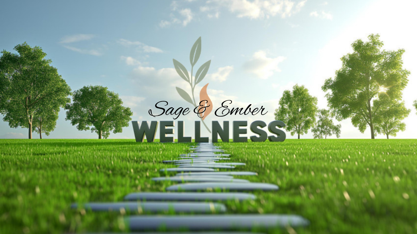 Sunlit green field with a pathway made of white stones leading to a background of trees against a blue sky with clouds, with the text 'Sage & Ember Wellness' in the center.