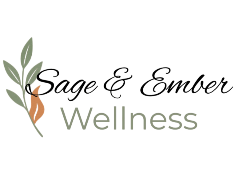 Logo with the words "Sage & Ember Melness" and an illustration of a sage plant and a candle.