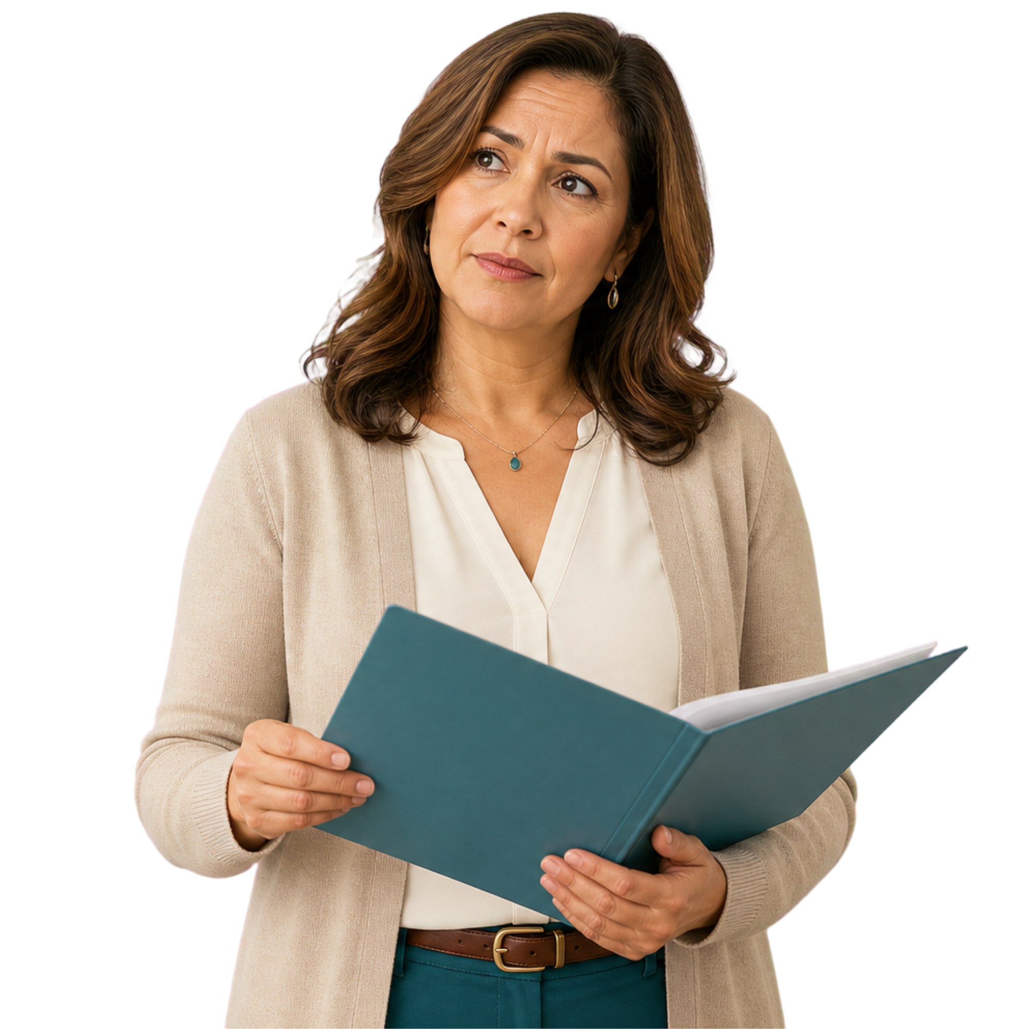 A woman with shoulder-length brown hair, wearing a beige cardigan, white shirt, and jewelry, holds an open teal folder with papers inside and looks slightly to her right with a thoughtful expression.