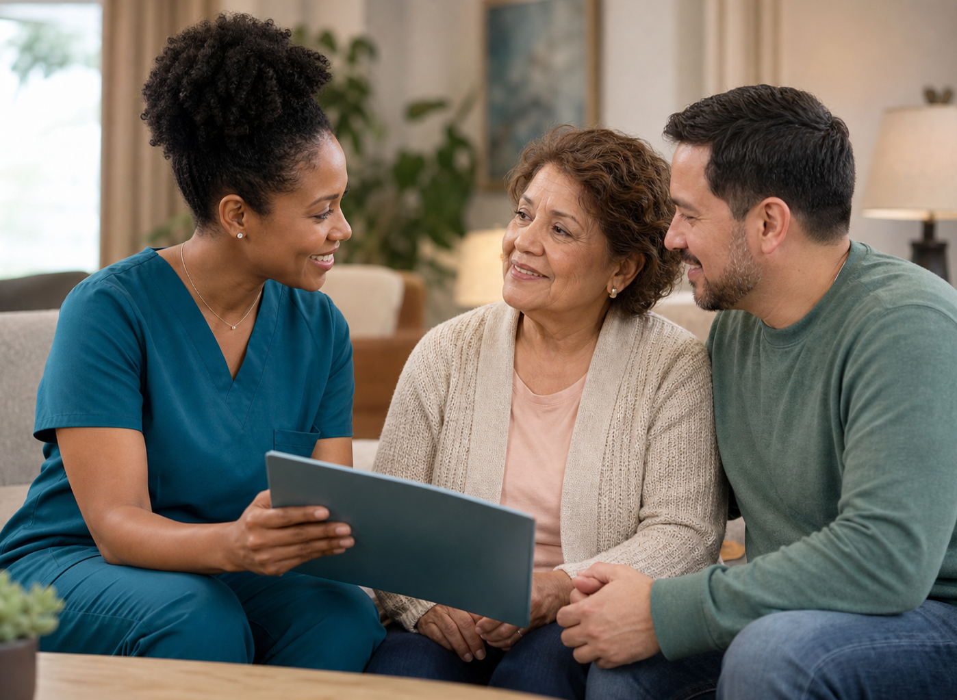 A healthcare worker, in blue scrubs, talking to a smiling older woman and a man in a living room.