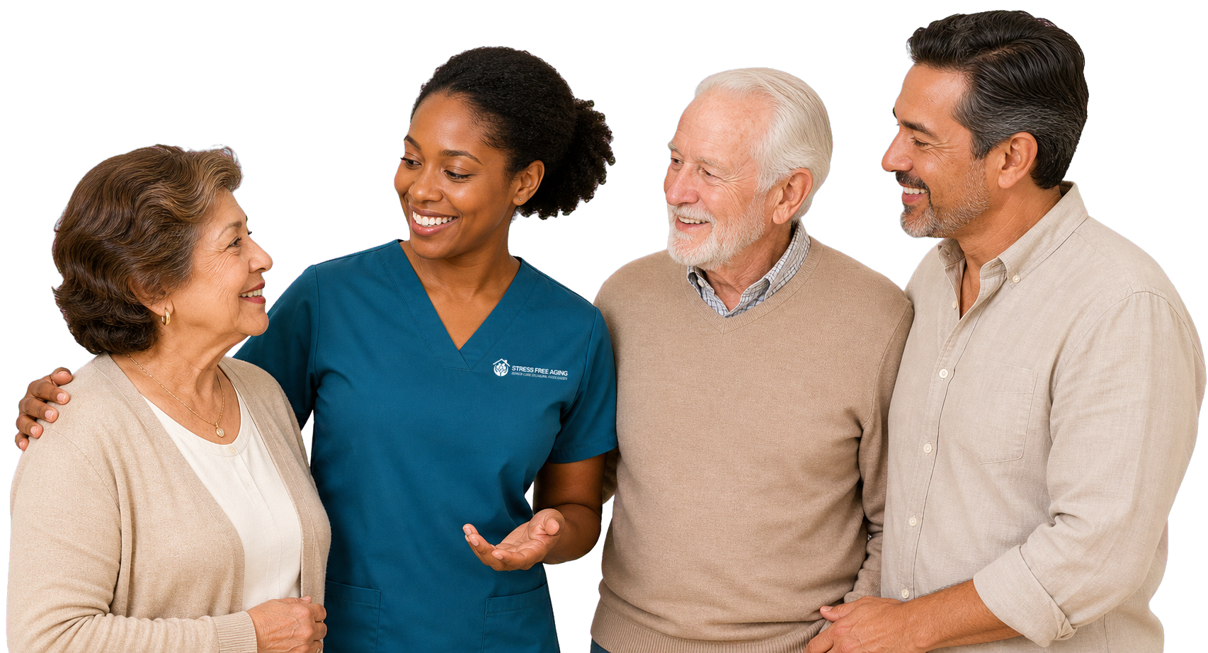 Healthcare professional talking to elderly couple and a middle-aged man in a friendly conversation.