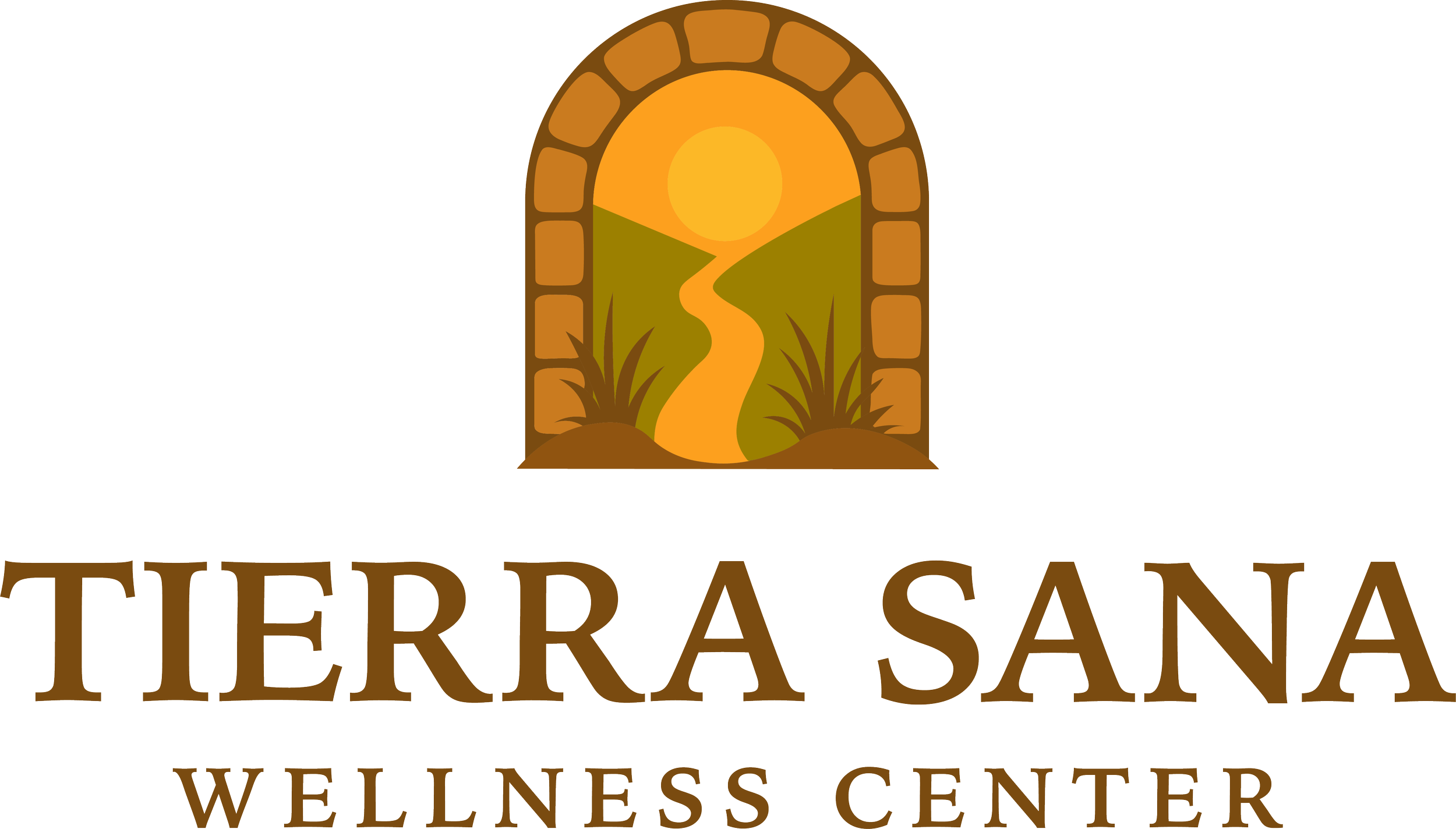 Logo of Terra Sana Wellness Center with a stylized sun rising over a winding path between green hills, framed by an arch of brown bricks.