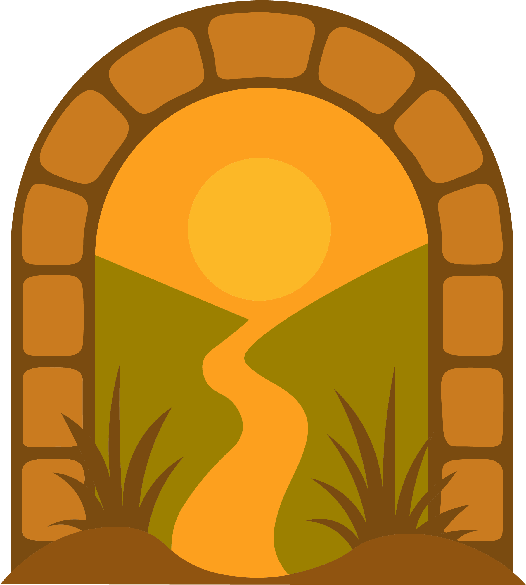 Stylized illustration of a landscape view through a window or arch, showing a dirt path leading to a setting sun over green hills with grass in the foreground.